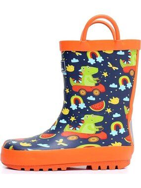 Rainangel Big Kid Size 3 Rain Boots Dinosaur Print Waterproof Easy-On Handles